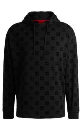 relaxed-fit hoodie with flock-print stacked logos- black men's loungewear