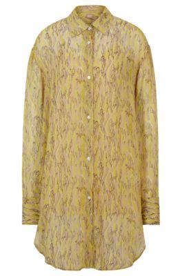relaxed-fit long-length blouse in printed canvas- patterned women's business blouses