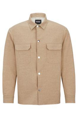 relaxed-fit overshirt in stretch fabric with press studs- beige men's sport coats