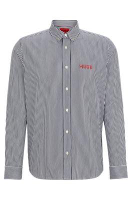 relaxed-fit shirt in striped cotton poplin- dark blue men's casual shirts