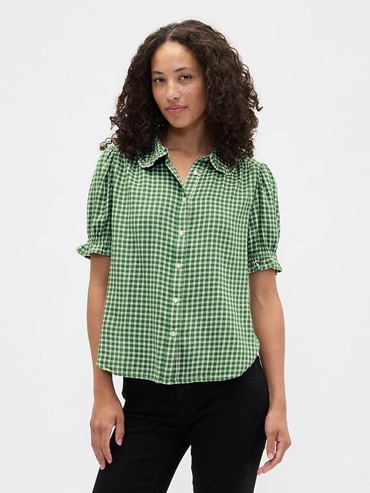 relaxed flannel puff sleeve shirt
