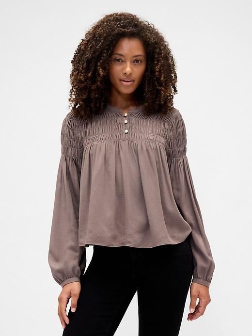 relaxed smocked balloon-sleeve top