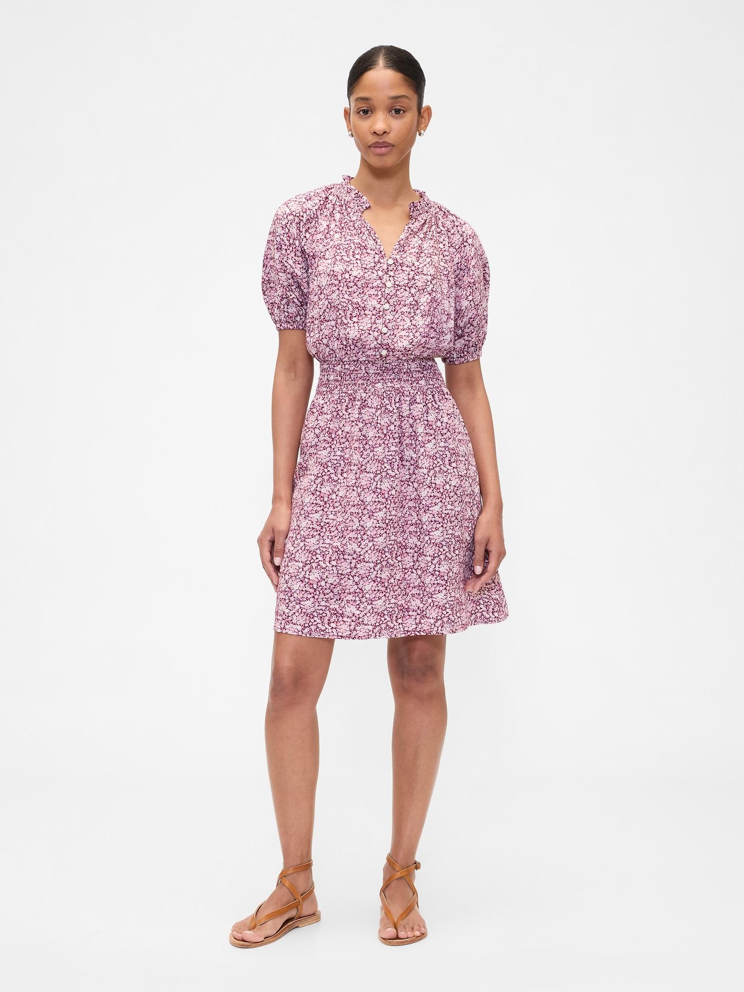 relaxed smocked splitneck mini dress