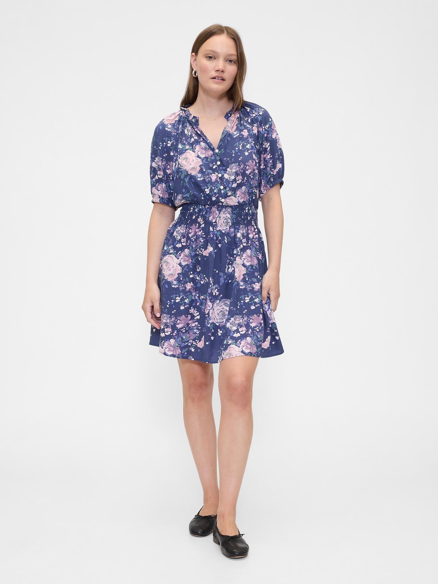 relaxed smocked splitneck mini dress