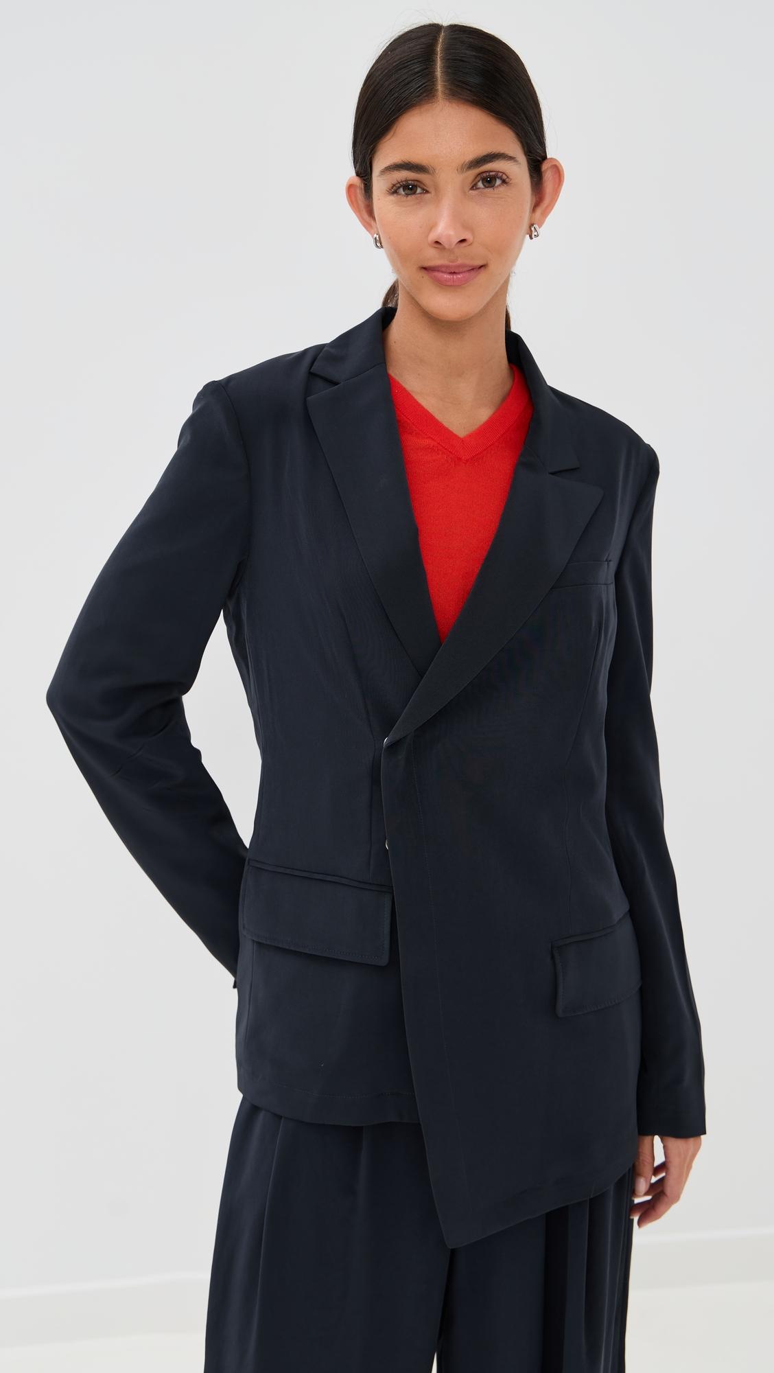 relaxed suiting assymetrical wrap blazer
