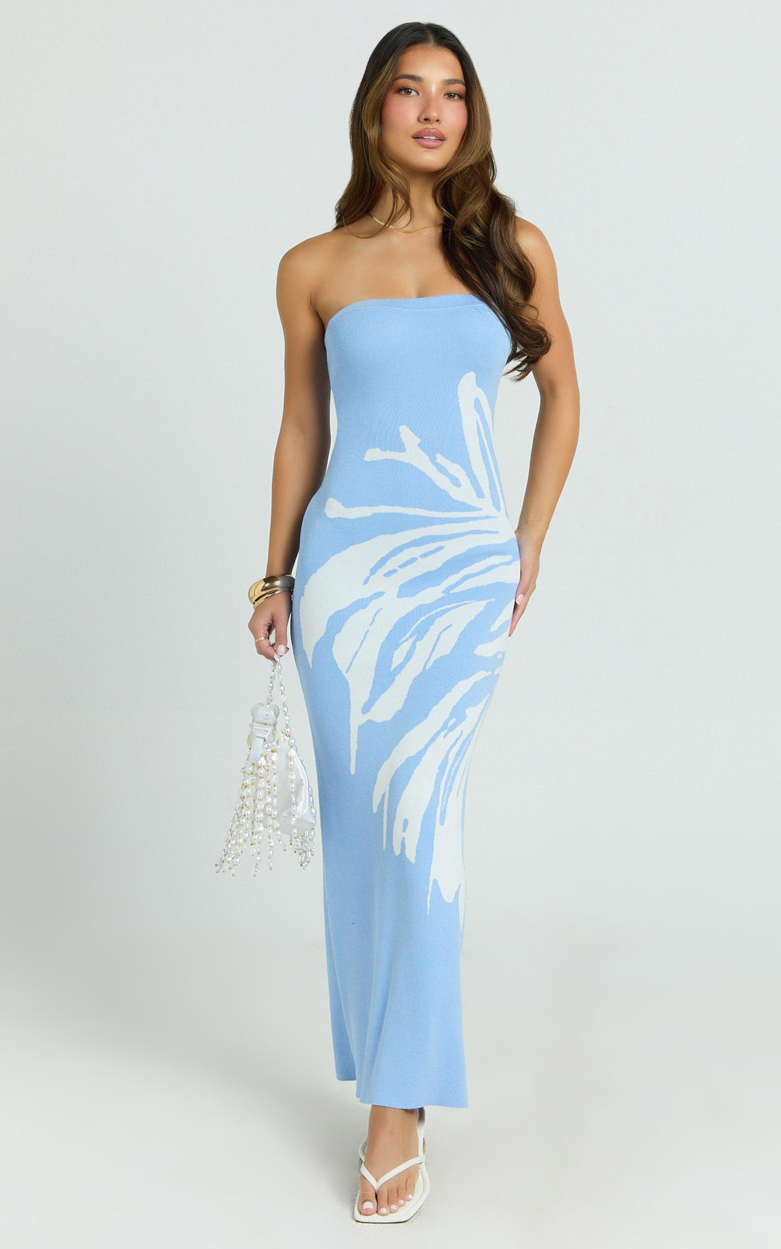 rema maxi dress - intarsia floral strapless knitted dress in light blue