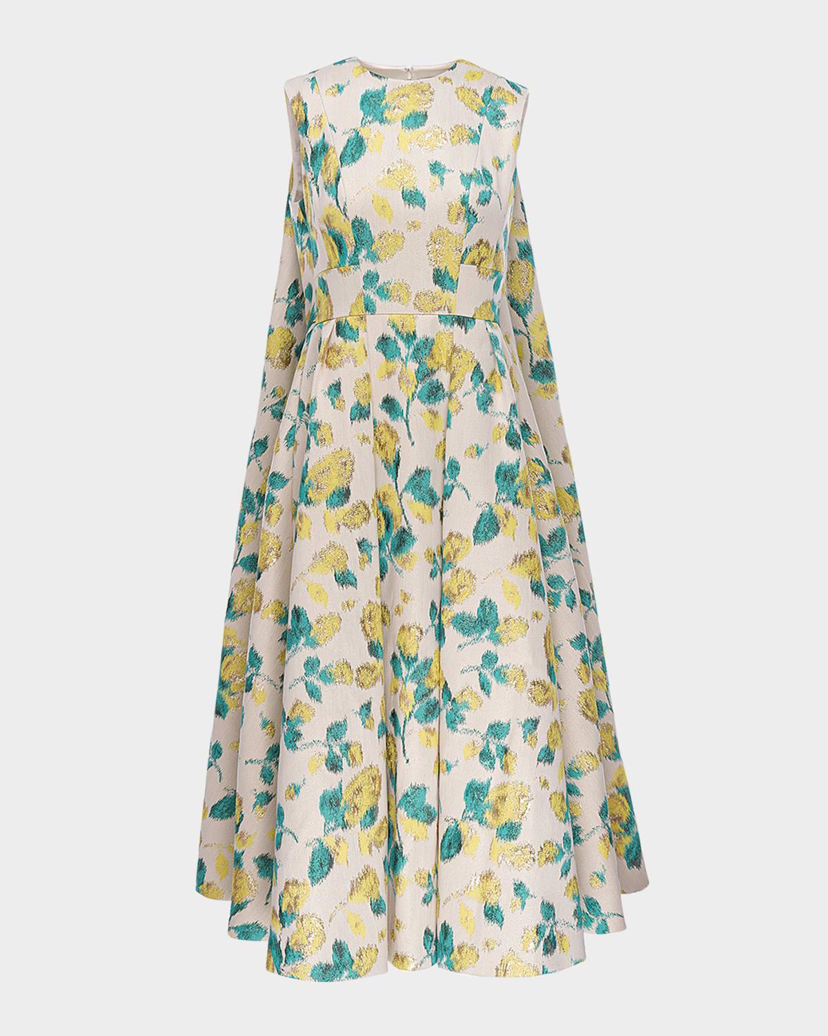 renee metallic floral jacquard cape midi dress