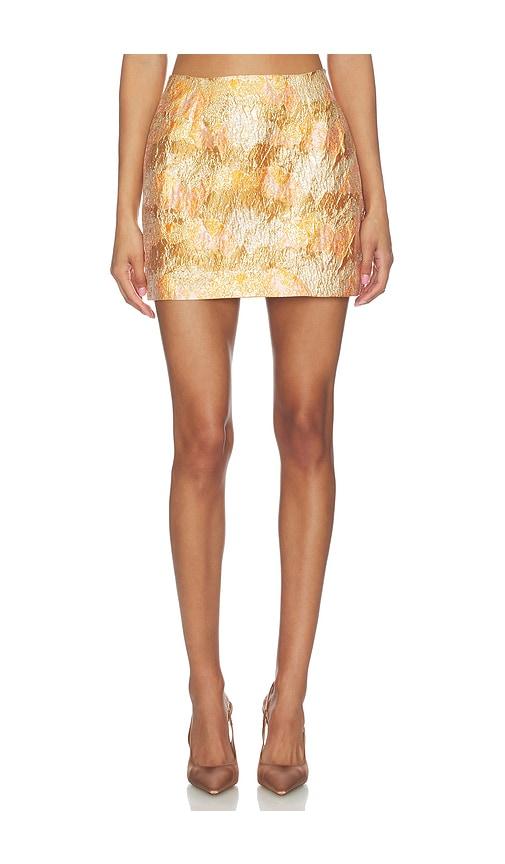 renggli brocade mini skirt in orange,metallic gold.