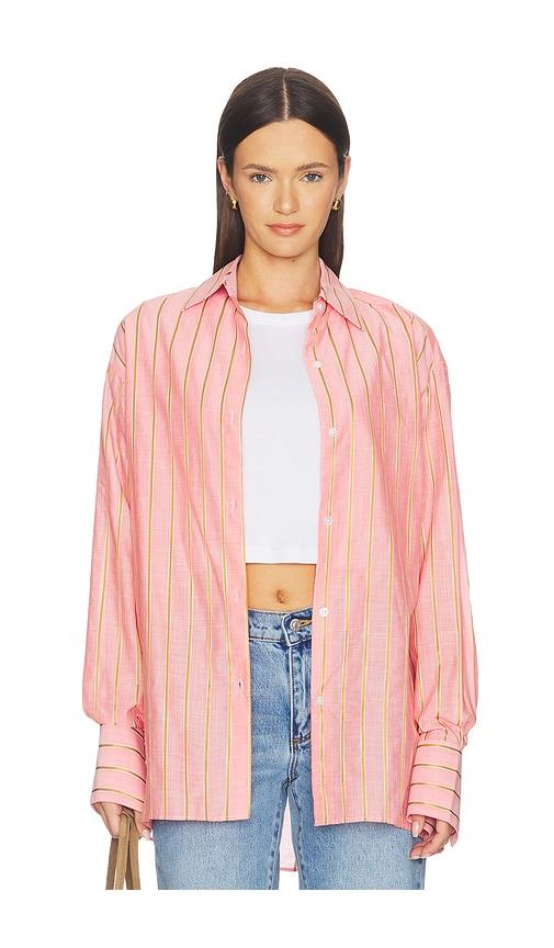 renggli stripe boxy long sleeve button up in pink. - size l (also in s, m, xl)