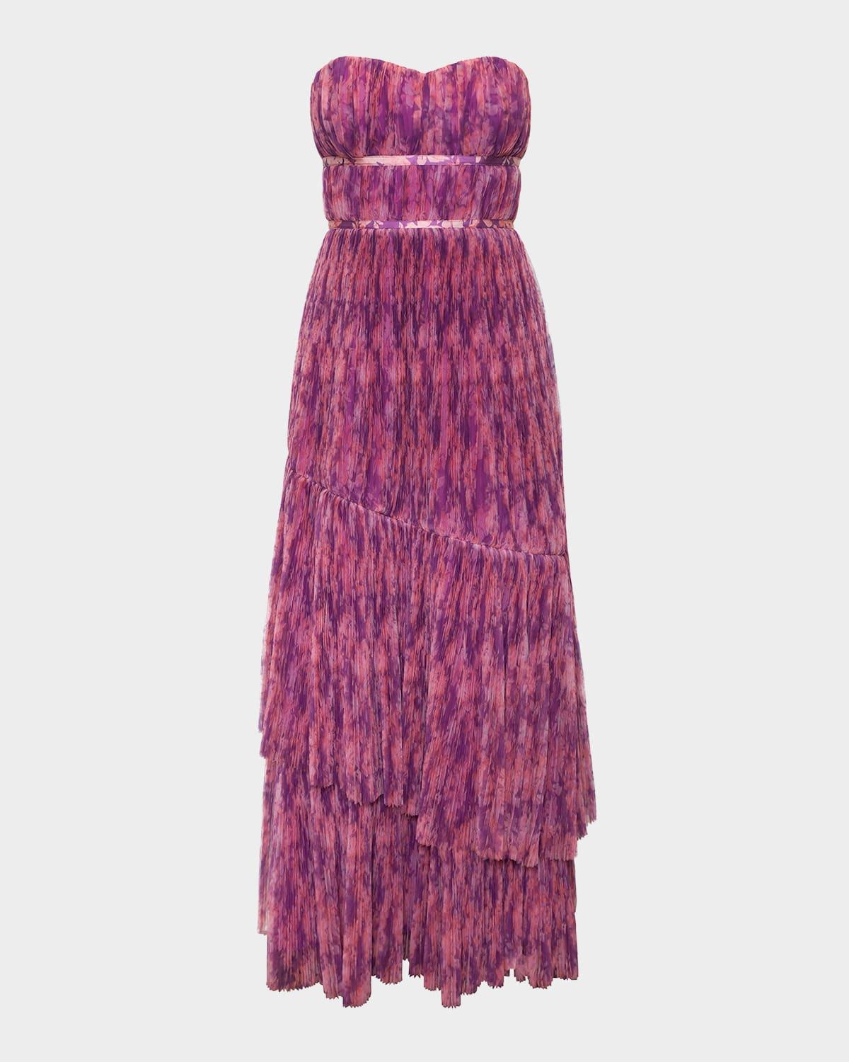 renza strapless pleated floral-print tulle gown