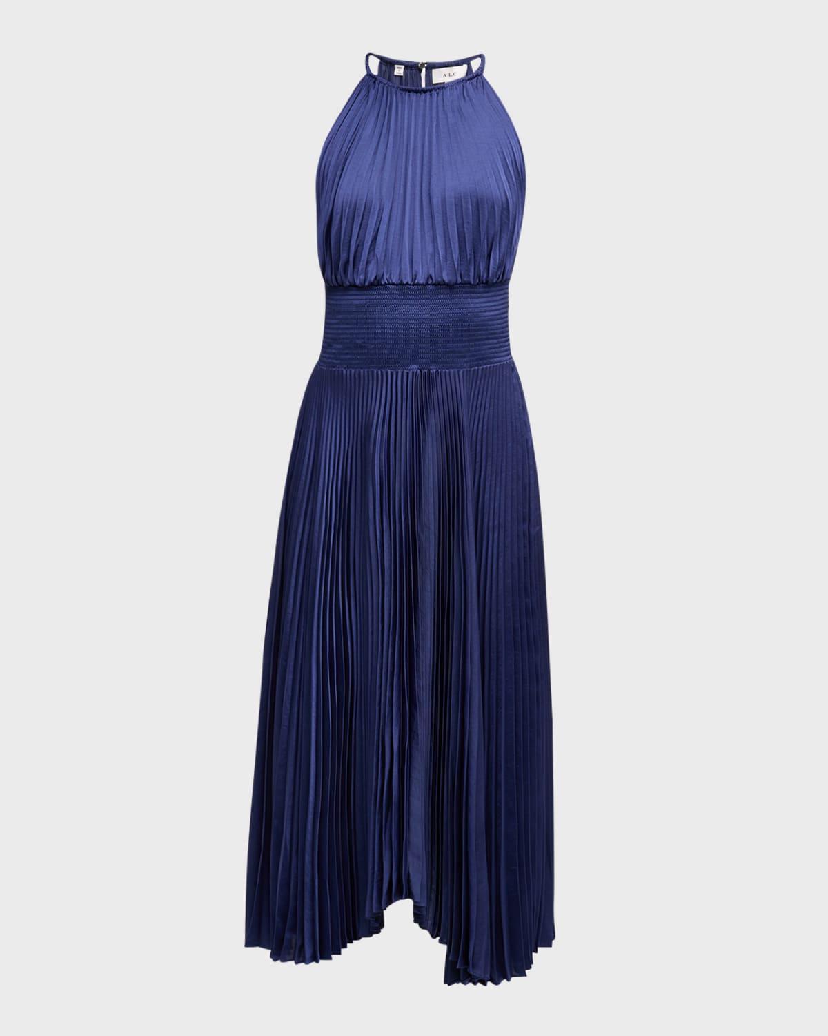 renzo ii satin pleated high-neck midi dress