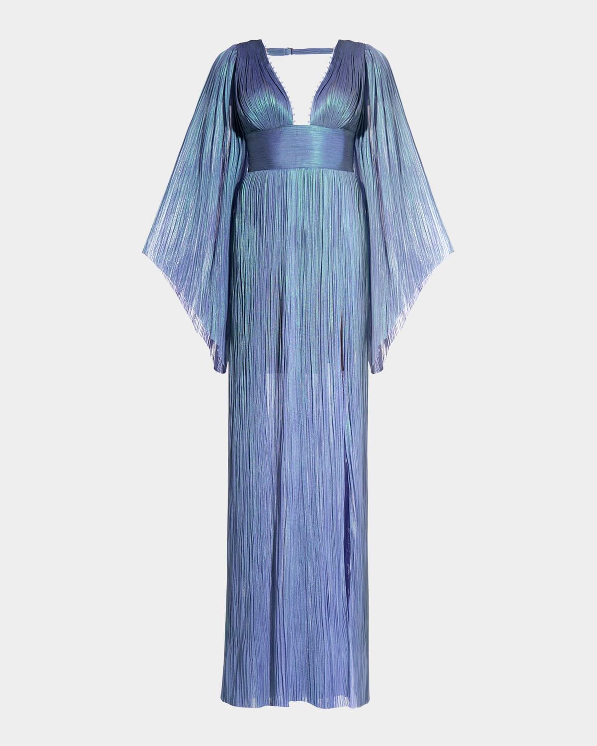 reo harlow long-sleeve open-back metallic plisse gown