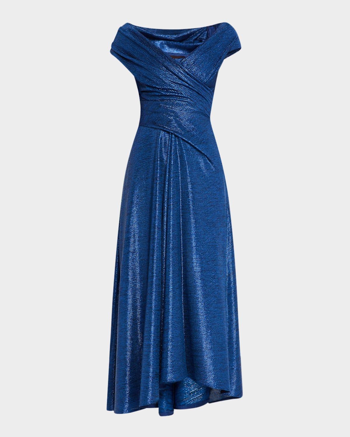 reo off-the-shoulder draped metallic midi dress