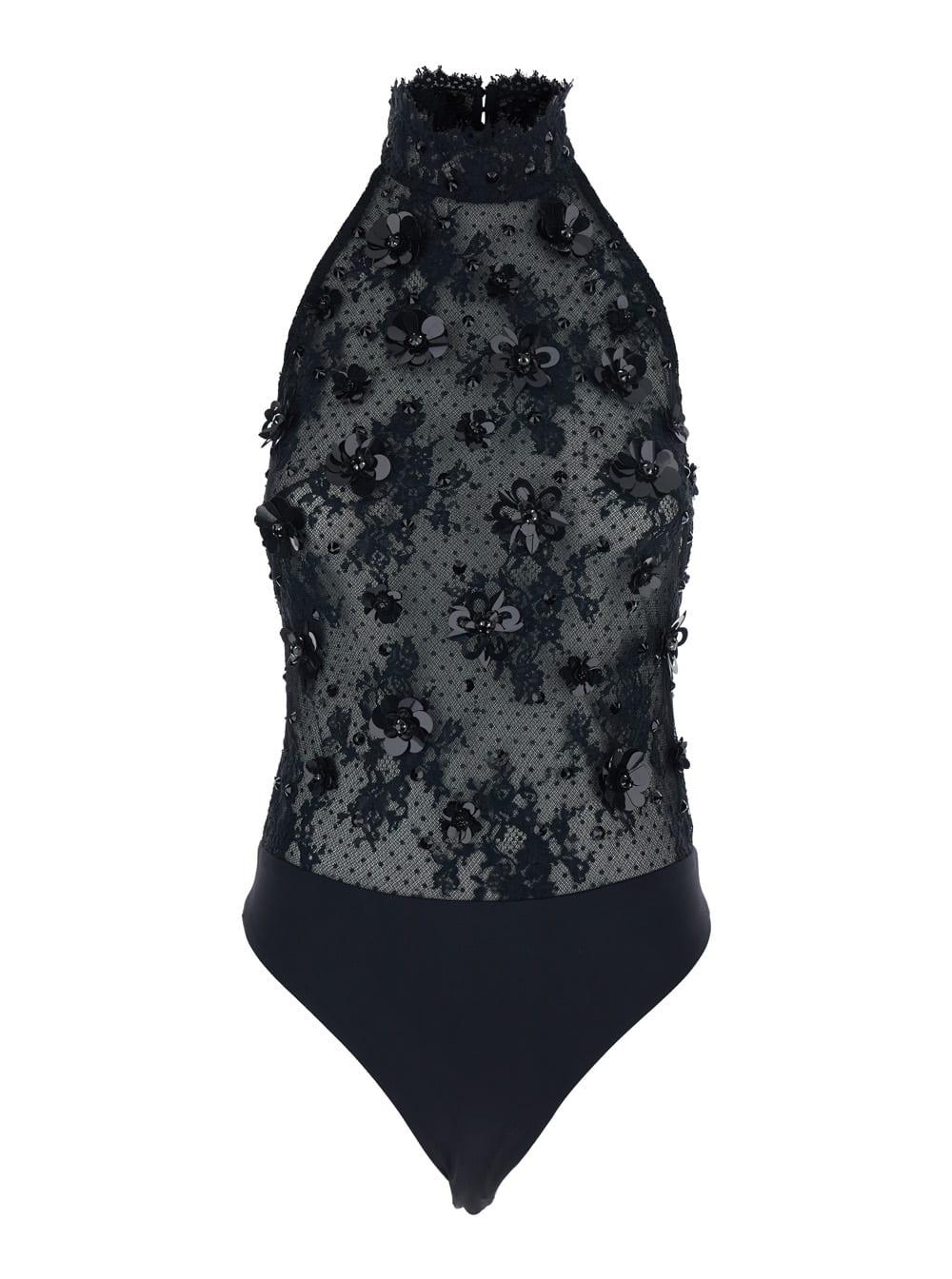 retrofete black bodysuit with halterneck and all-over floral embroidery in tech fabric woman