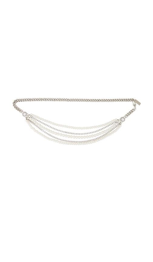 retrofete chloe pearl chain belt in metallic silver.
