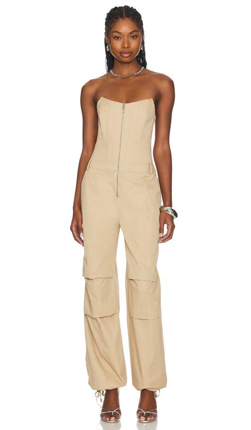 retrofete stana jumpsuit in tan.