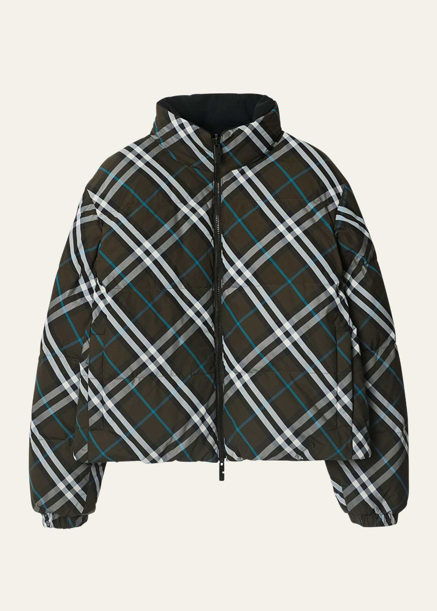 reversible check short puffer jacket
