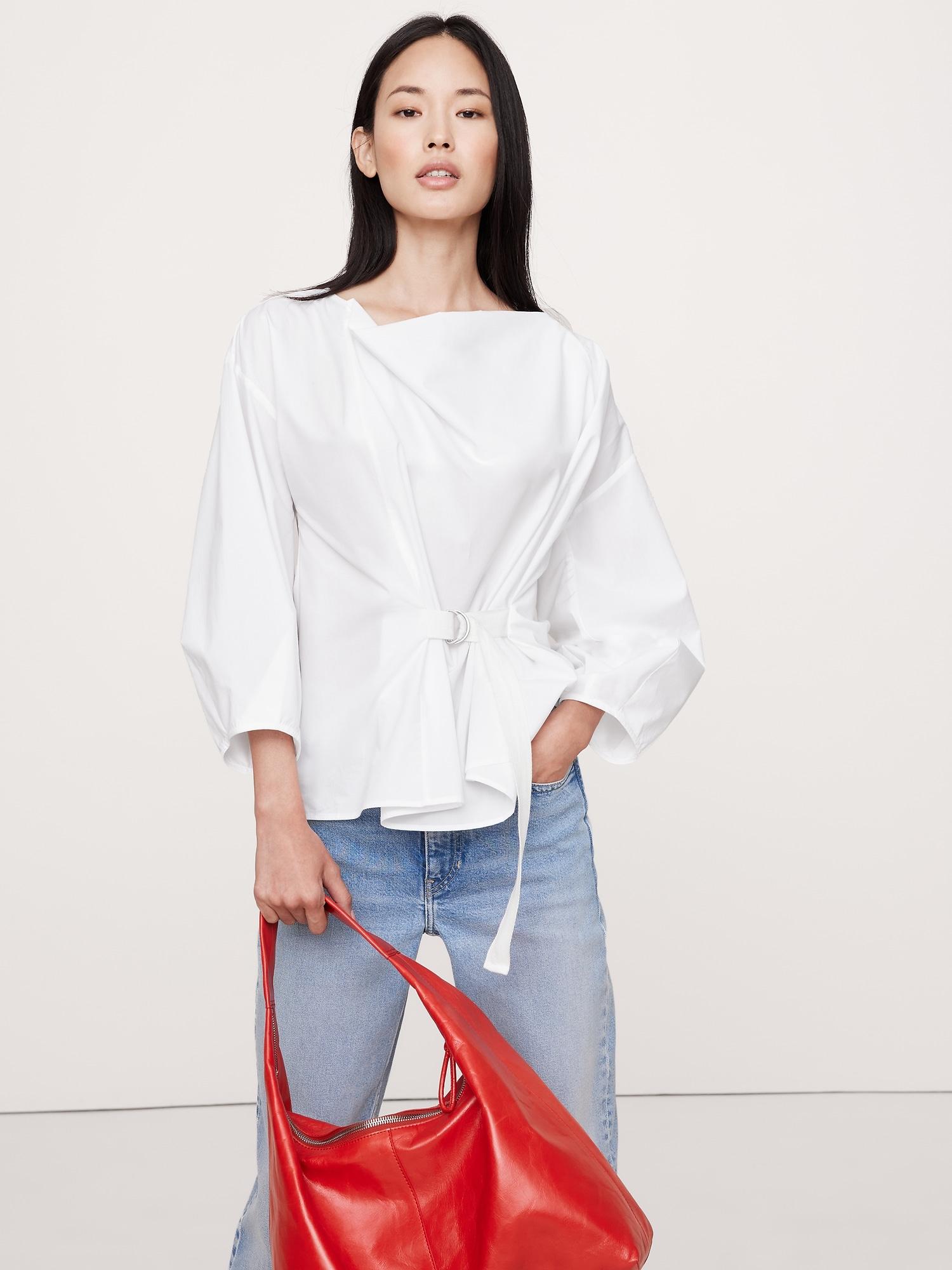 reversible poplin cowl-neck tie-waist top