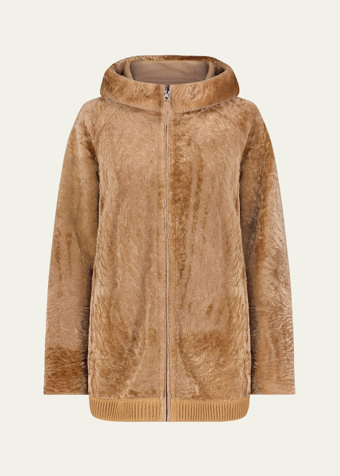 reversible textured shearling lamb zip hooded jacket