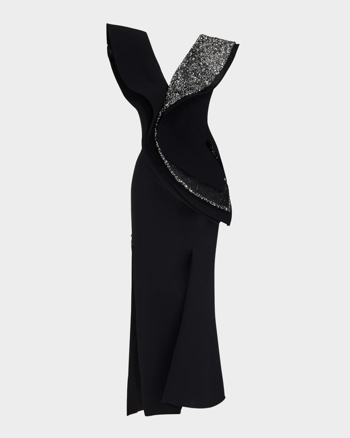 revive wave sequined-ruffle slit midi dress