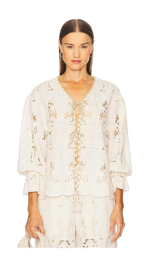 revolve x jj embroidered top in beige.