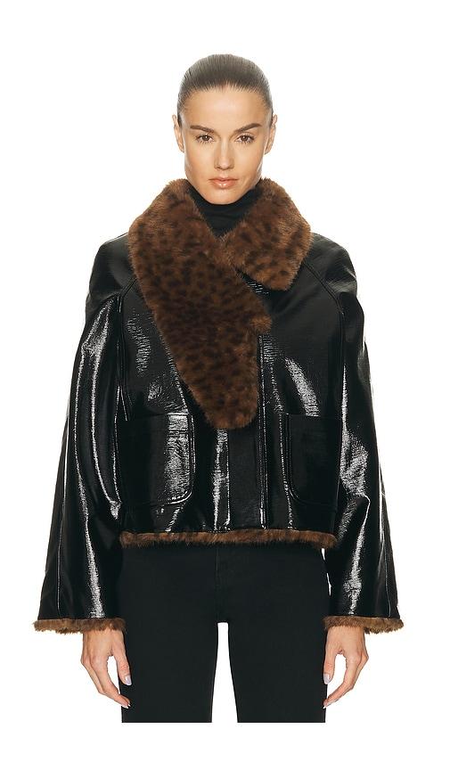 revolve x jj revolve x jj pu leopard print jacket in black.