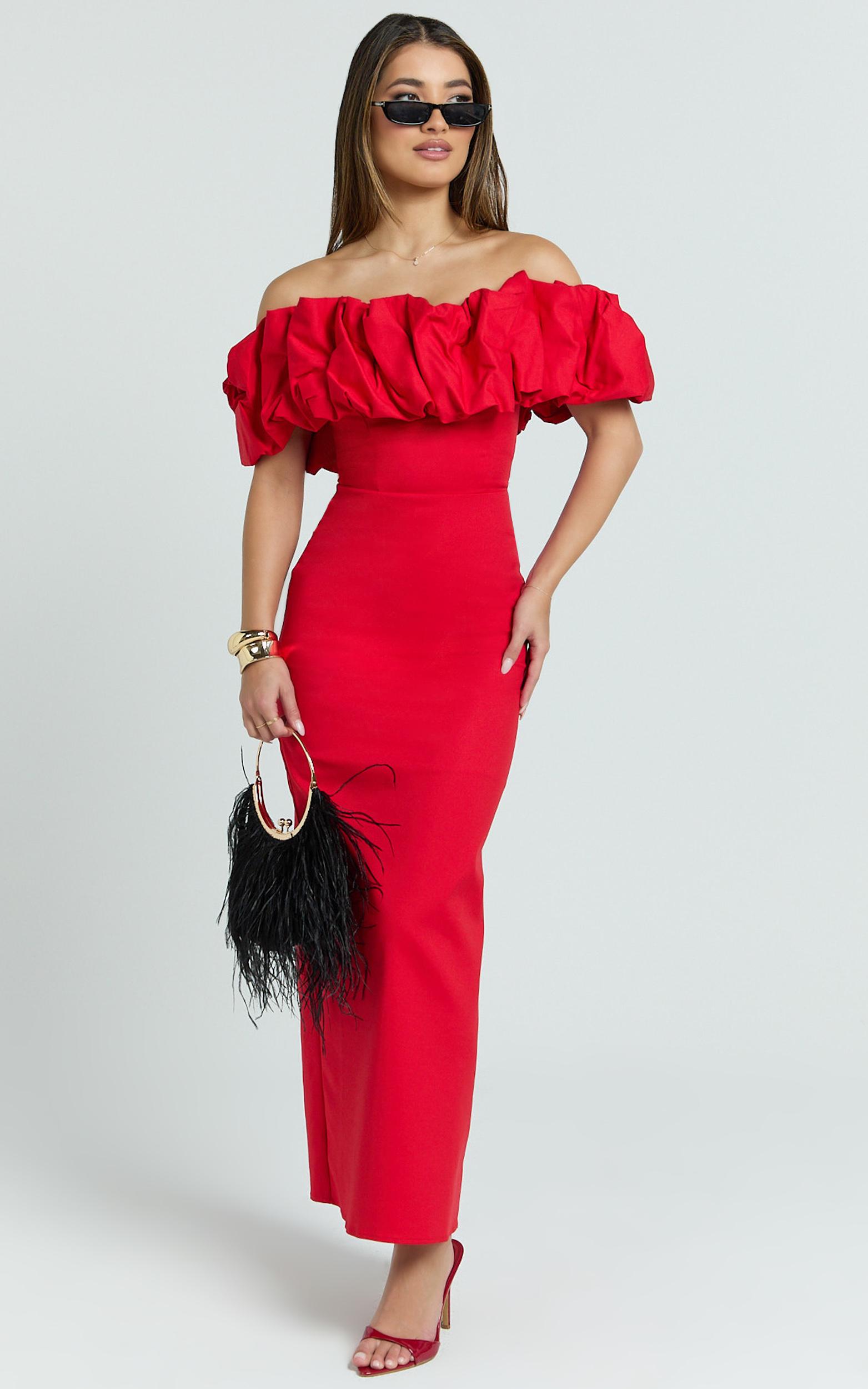 rhaya maxi dress - ruffle off shoulder fitted dress in red