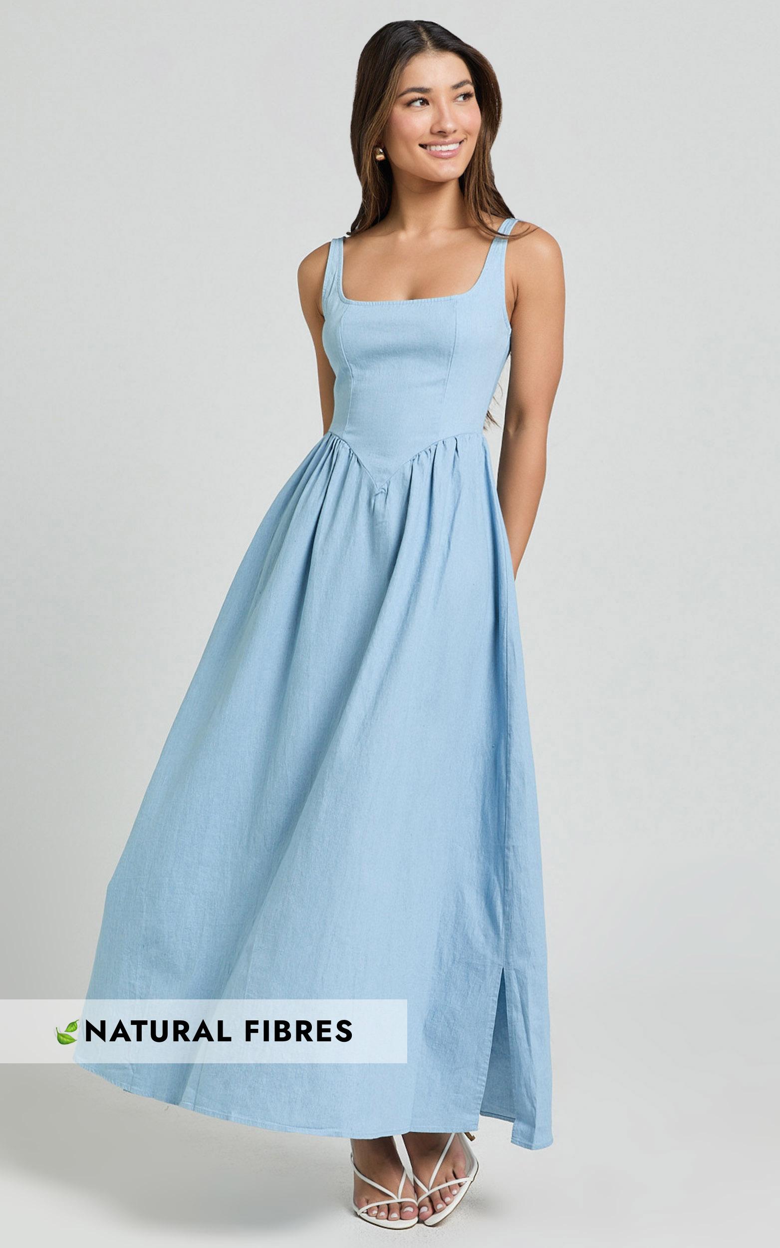 rhaziya midi dress - sleeveless straight neck fit and flare dress in blue