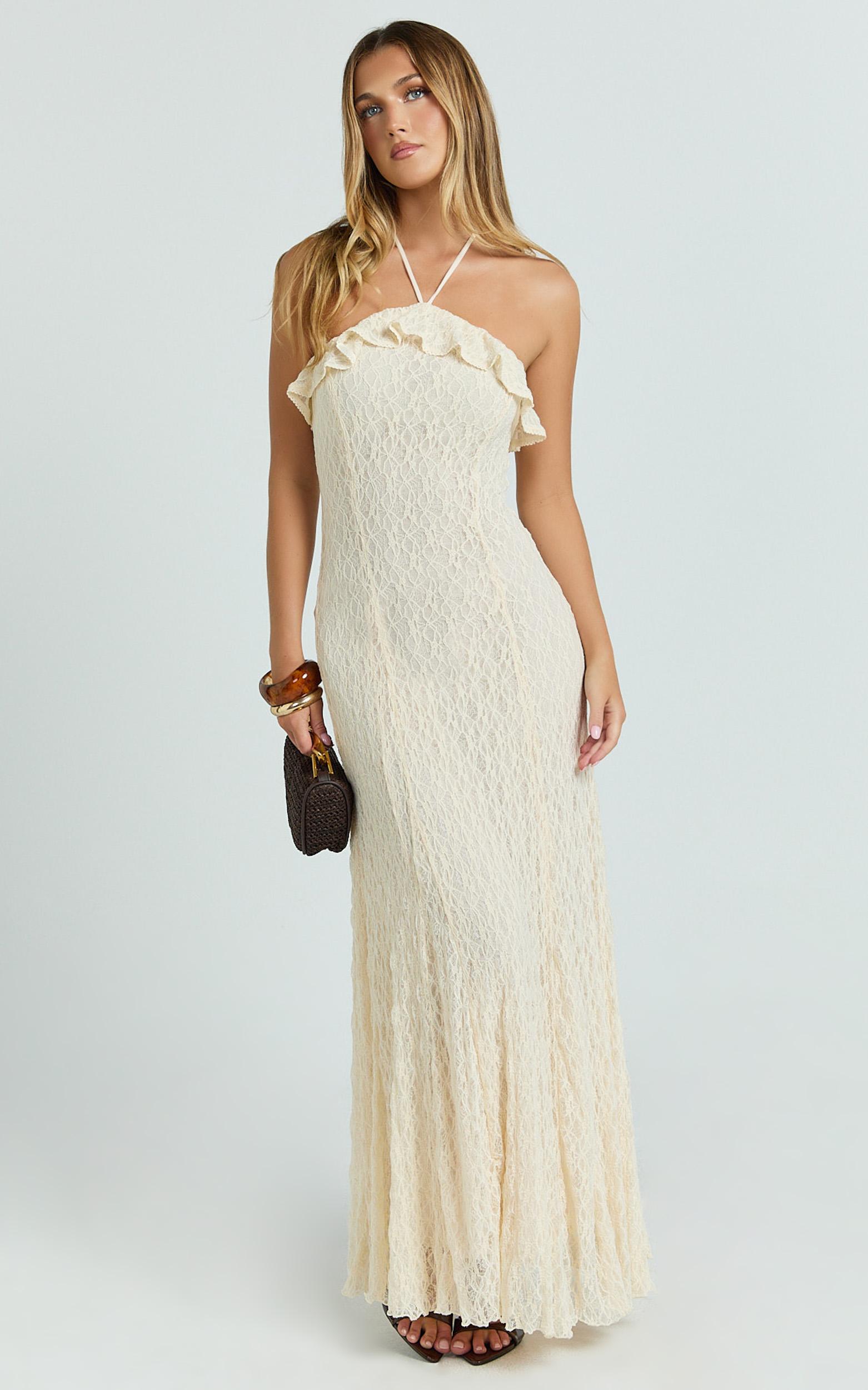 rhea maxi dress - lace ruffle halter a line godet dress in cream