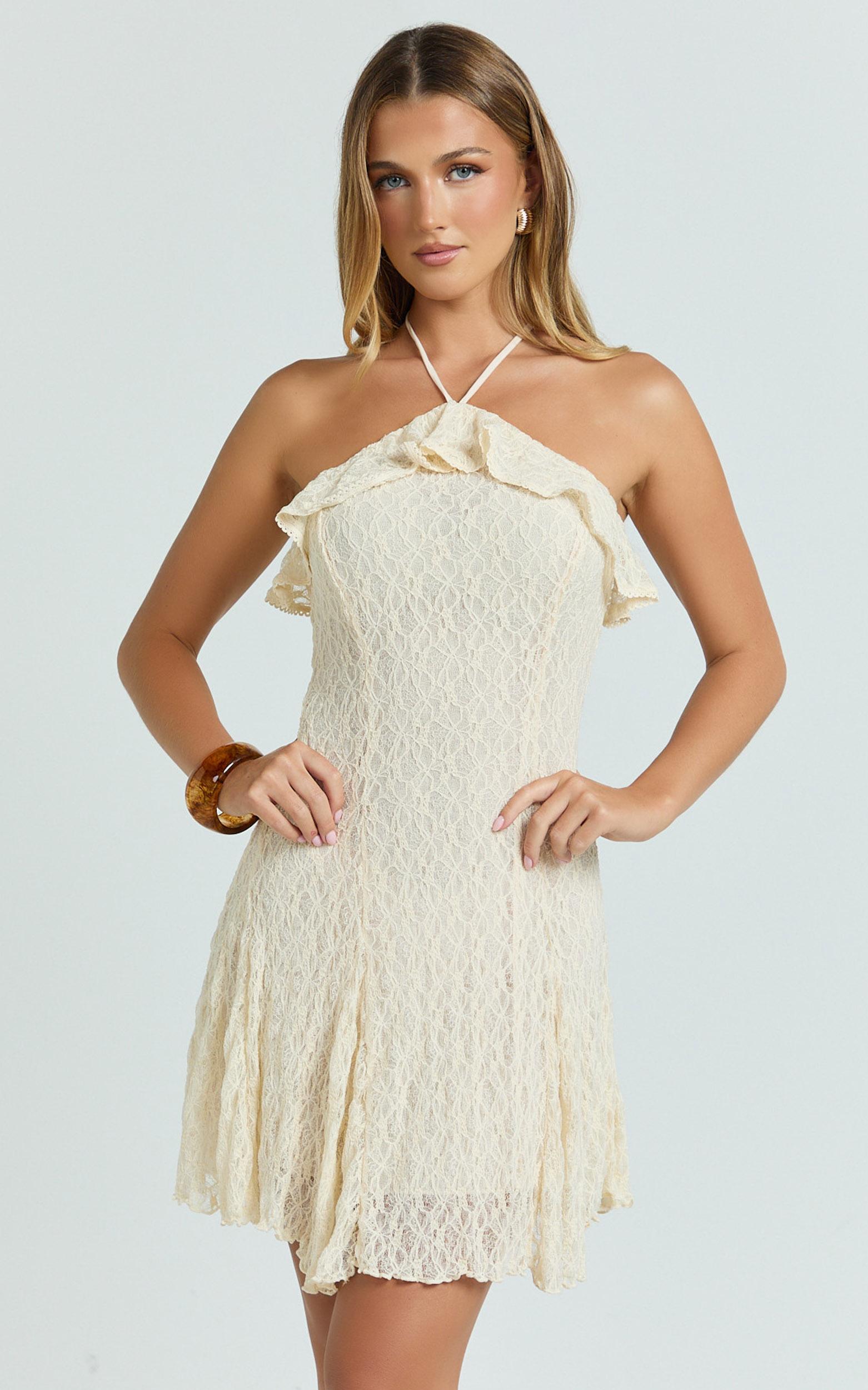 rhea mini dress - jacquard ruffle halter a line dress in cream