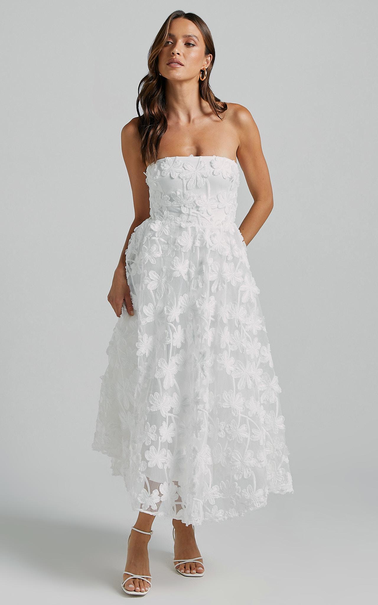 rheiva midi dress - strapless 3d embroidery midi dress in white