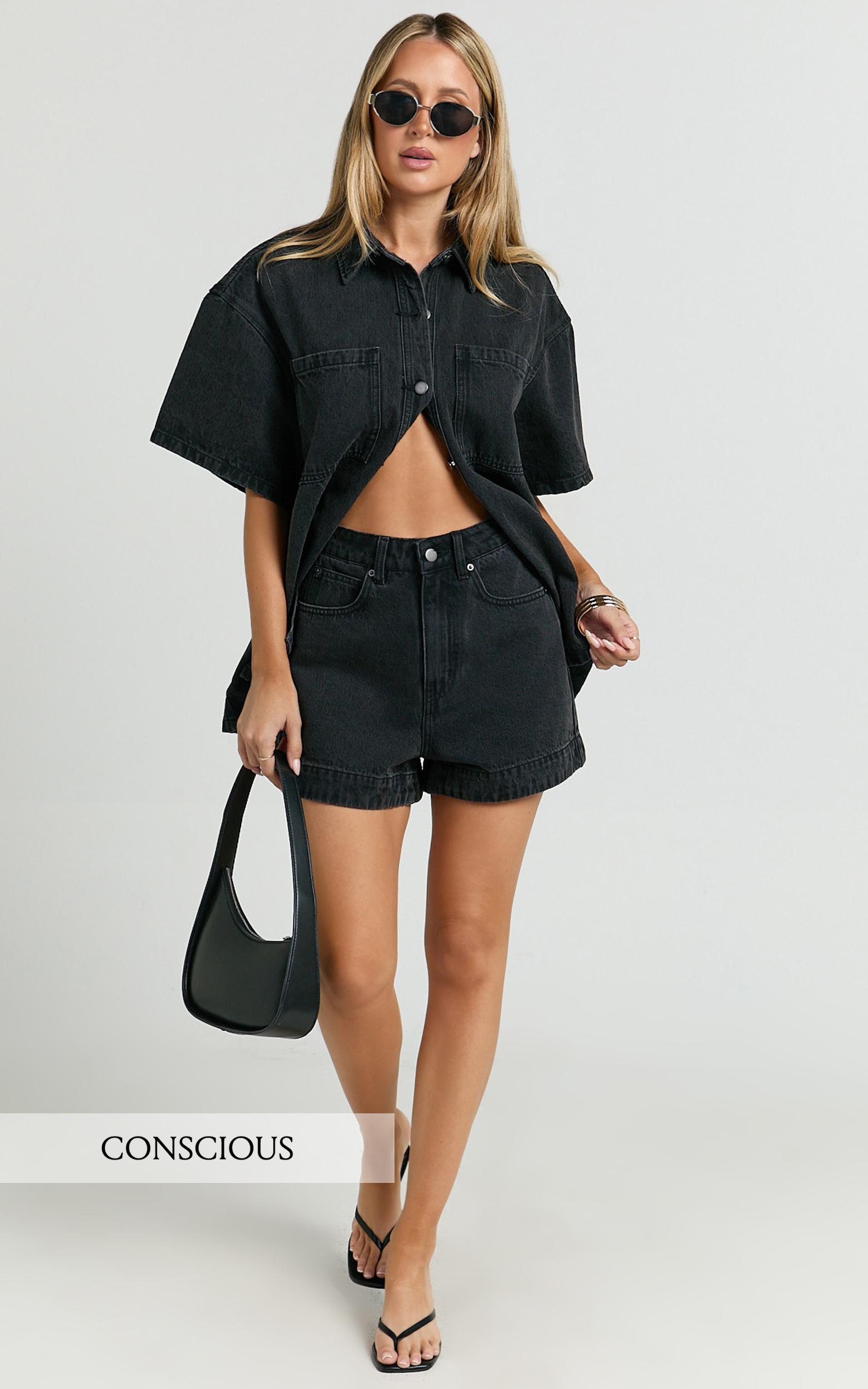 rhianna shorts - mid waist recycled denim shorts in washed black