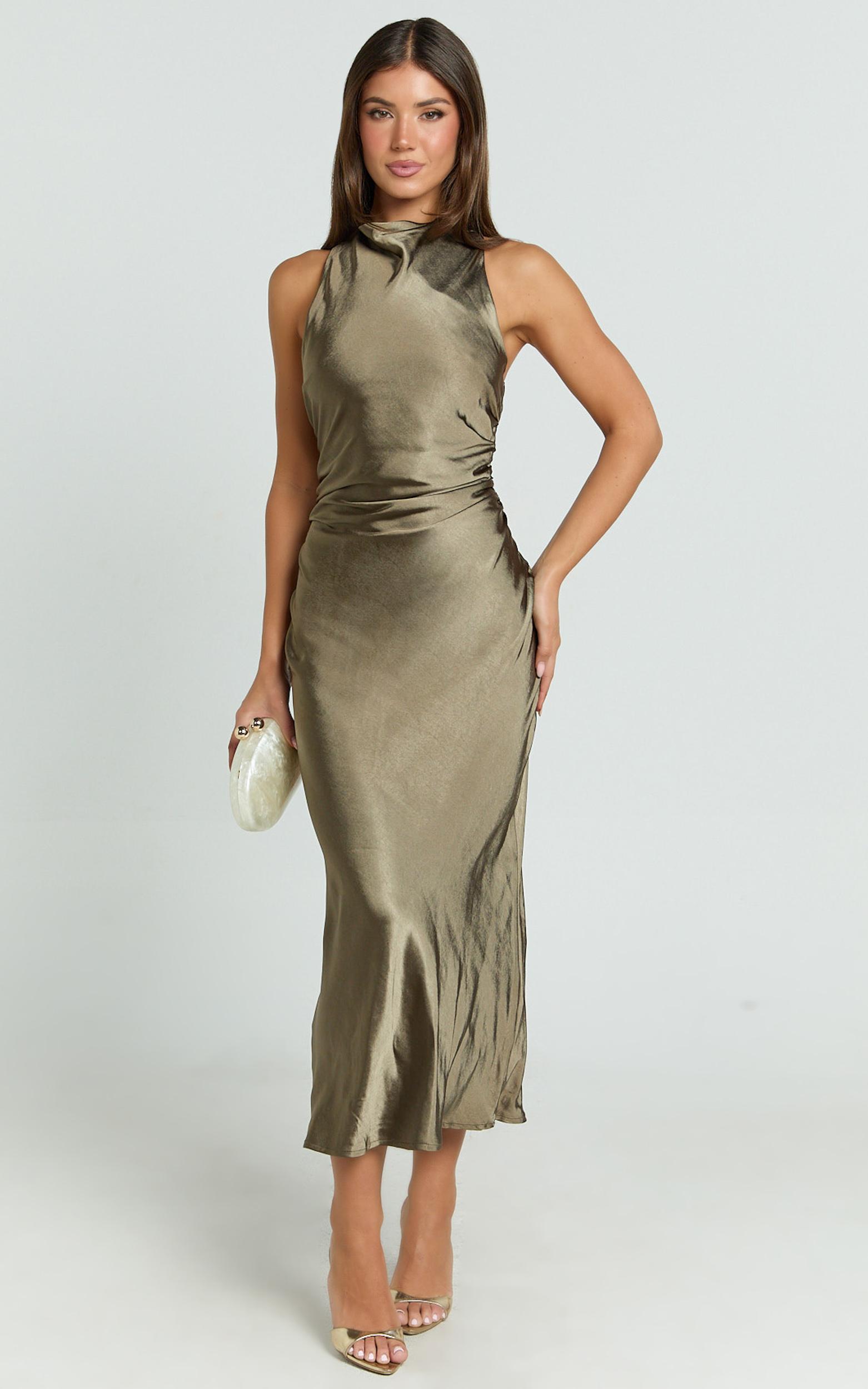 rhianne midi dress - twist halter neck open back satin dress in olive