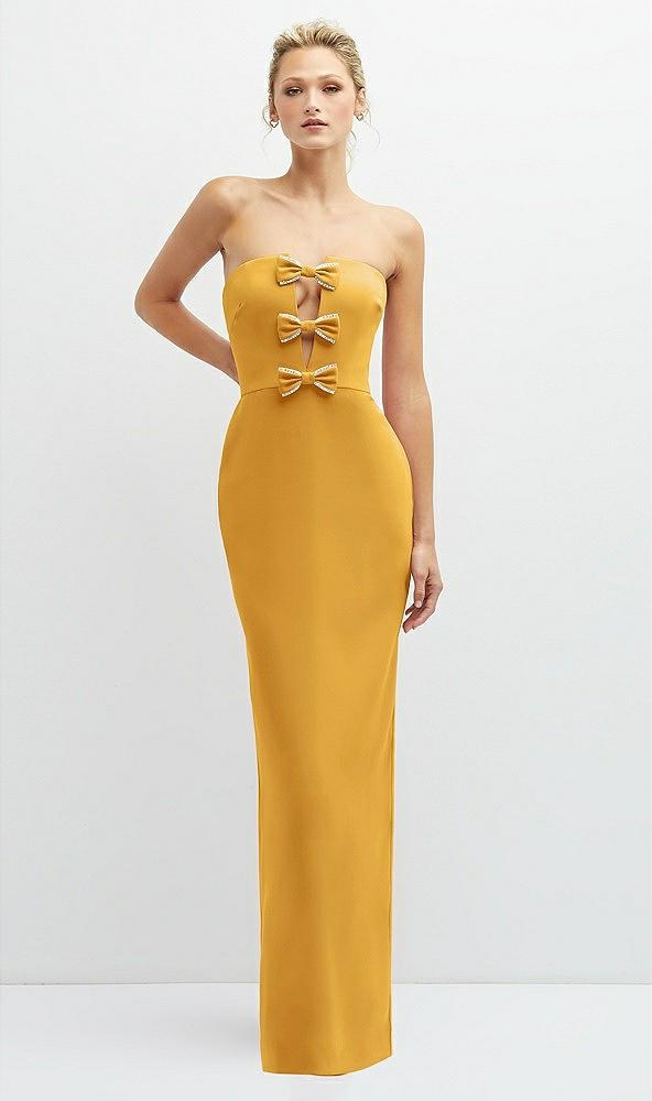 rhinestone bow trimmed peek-a-boo deep-v maxi dress with pencil skirt