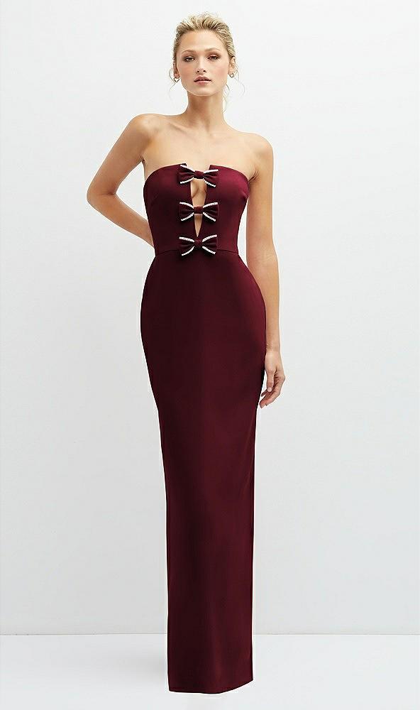rhinestone bow trimmed peek-a-boo deep-v maxi dress with pencil skirt