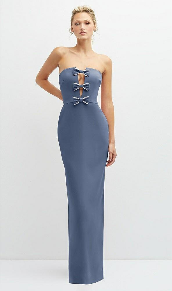 rhinestone bow trimmed peek-a-boo deep-v maxi dress with pencil skirt