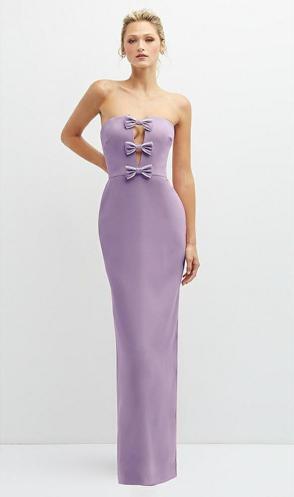 rhinestone bow trimmed peek-a-boo deep-v maxi dress with pencil skirt