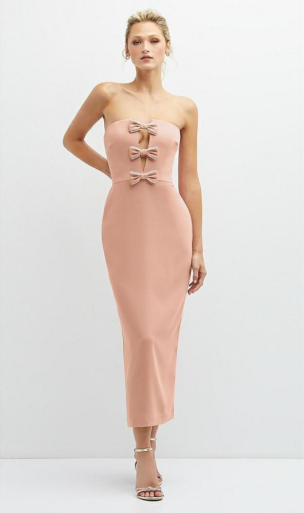rhinestone bow trimmed peek-a-boo deep-v midi dress with pencil skirt