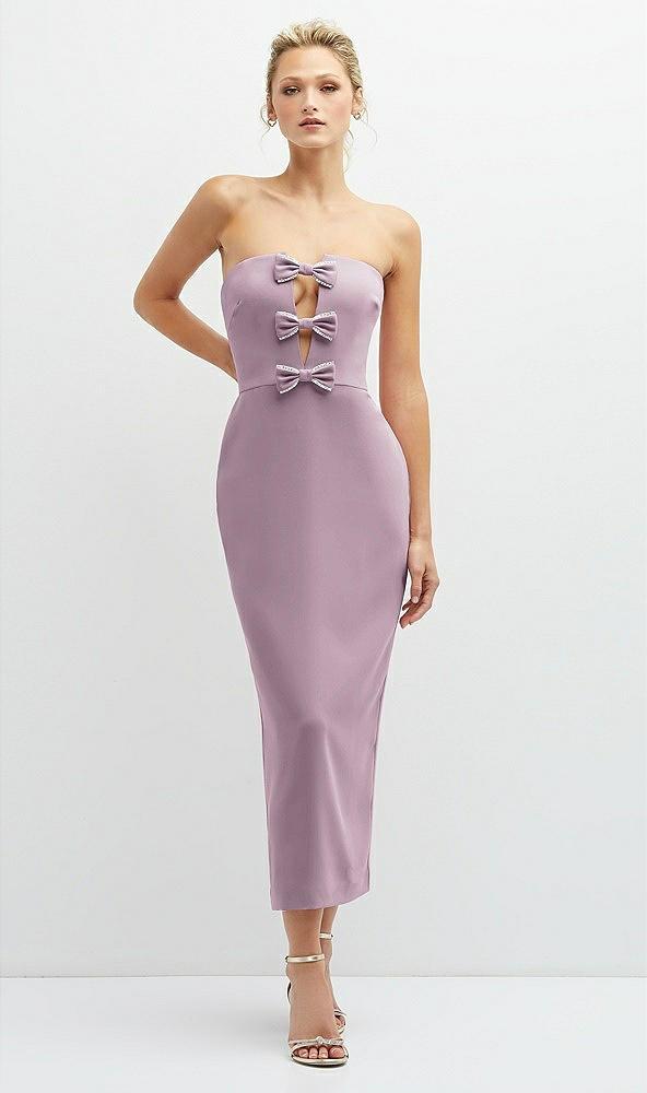 rhinestone bow trimmed peek-a-boo deep-v midi dress with pencil skirt