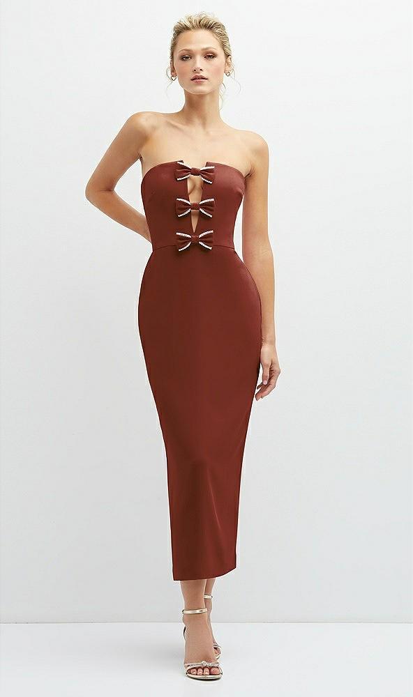 rhinestone bow trimmed peek-a-boo deep-v midi dress with pencil skirt