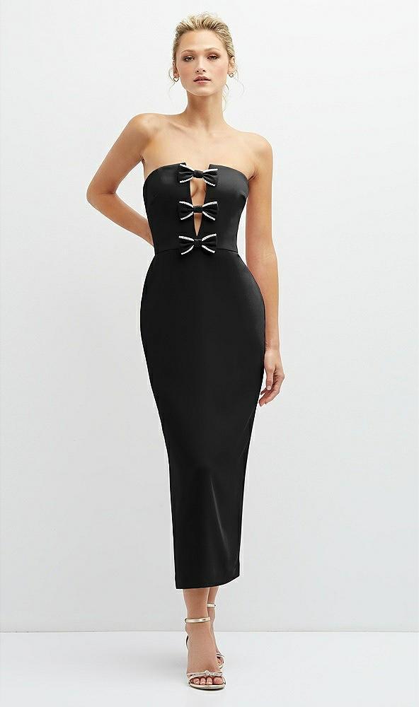 rhinestone bow trimmed peek-a-boo deep-v midi dress with pencil skirt