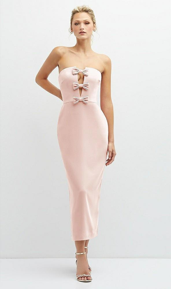 rhinestone bow trimmed peek-a-boo deep-v midi dress with pencil skirt