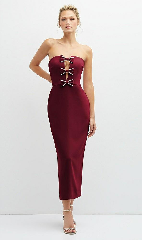 rhinestone bow trimmed peek-a-boo deep-v midi dress with pencil skirt
