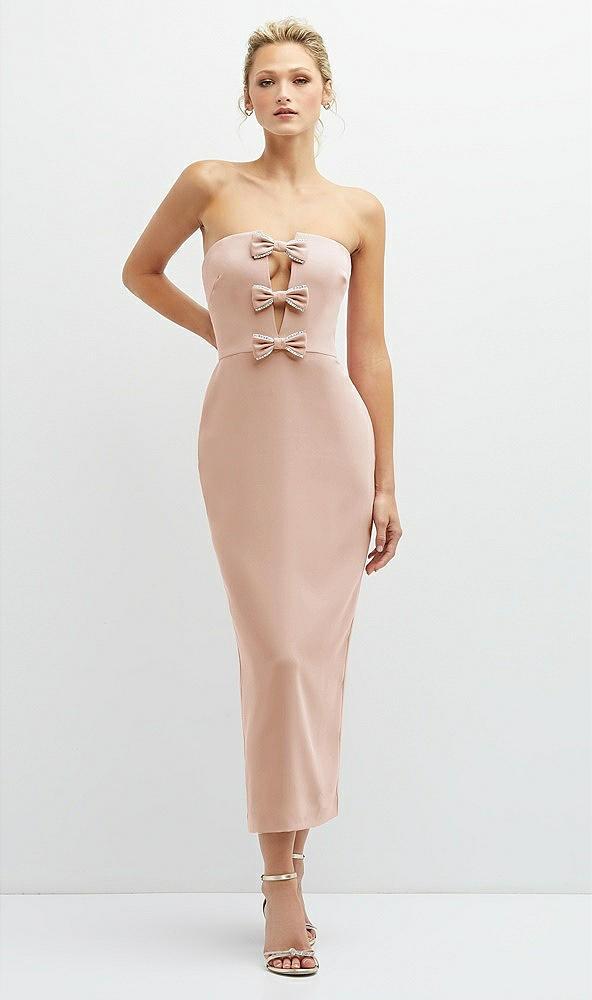 rhinestone bow trimmed peek-a-boo deep-v midi dress with pencil skirt