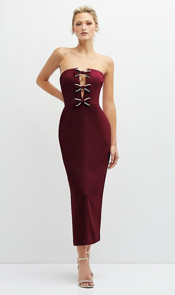 rhinestone bow trimmed peek-a-boo deep-v midi dress with pencil skirt