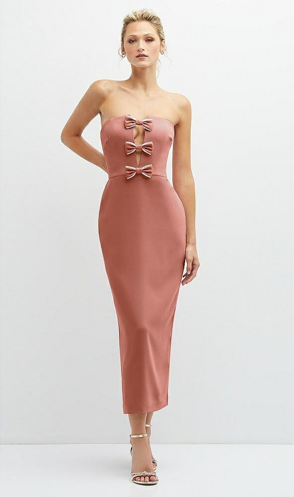 rhinestone bow trimmed peek-a-boo deep-v midi dress with pencil skirt