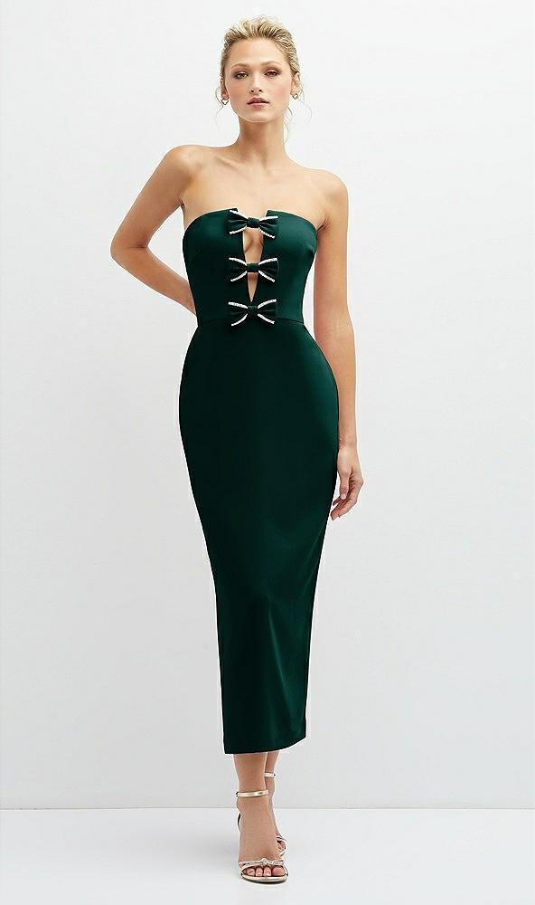 rhinestone bow trimmed peek-a-boo deep-v midi dress with pencil skirt