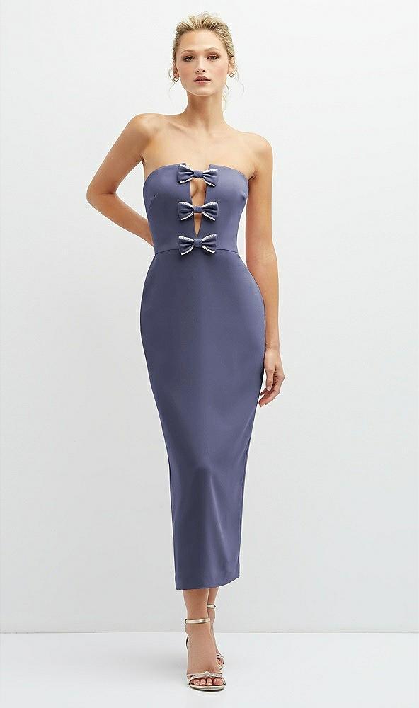 rhinestone bow trimmed peek-a-boo deep-v midi dress with pencil skirt