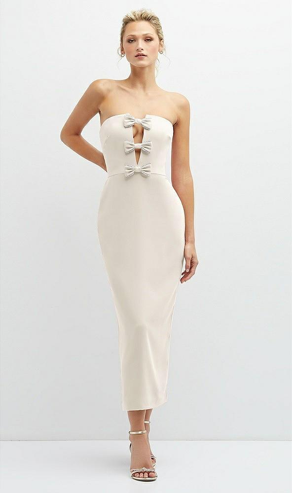 rhinestone bow trimmed peek-a-boo deep-v midi dress with pencil skirt