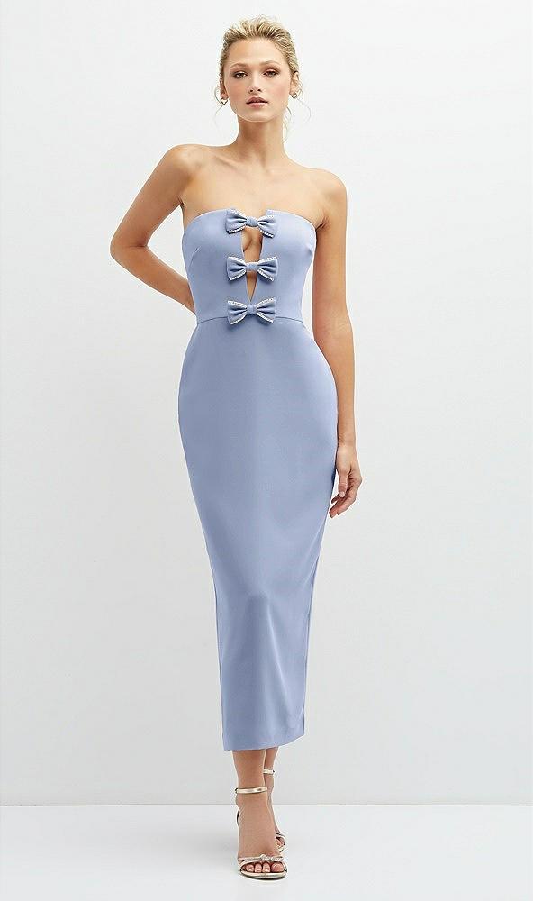 rhinestone bow trimmed peek-a-boo deep-v midi dress with pencil skirt